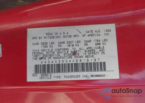 1999 Mitsubishi Eclipse Gs из США, поврежденный, VIN 4A3AX35G4XE019197